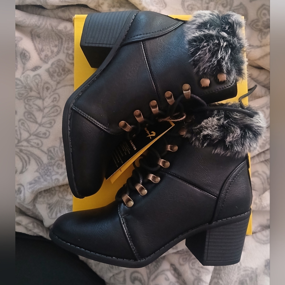Seven7 Black Lace Up Boots with Faux Fur